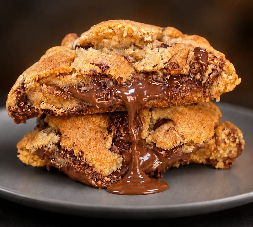 Cookie Explosão de Nutella cortado ao meio com recheio de Nutella escorrendo